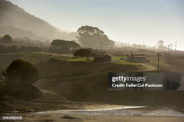 foggy landscape on the village near fort bragg, california usa - forte bragg - fotografias e filmes do acervo