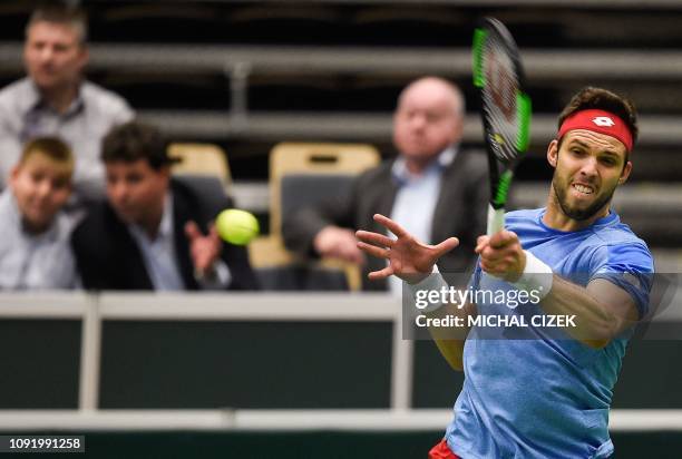 Jiri Vesely of the Czech Republic returns the ball to Tallon Griekspoor of the Netherlands during the Tennis Davis-Cup qualifiers Czech Republic vs...