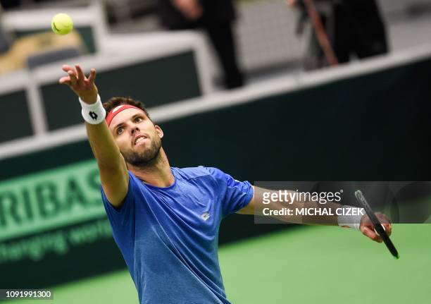 Jiri Vesely of the Czech Republic serves the ball to Tallon Griekspoor of the Netherlands during the Tennis Davis-Cup qualifiers Czech Republic vs...
