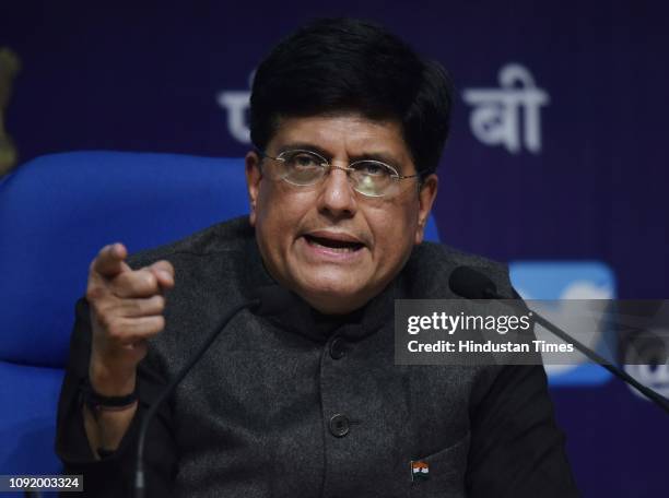 Union Finance Minister Piyush Goyal gestures during a press conference on Interim Budget 2019, at National Media Centre on February 1, 2019 in New...