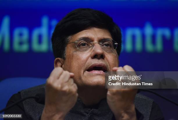 Union Finance Minister Piyush Goyal gestures during a press conference on Interim Budget 2019, at National Media Centre on February 1, 2019 in New...