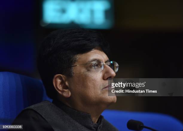 Union Finance Minister Piyush Goyal gestures during a press conference on Interim Budget 2019, at National Media Centre on February 1, 2019 in New...