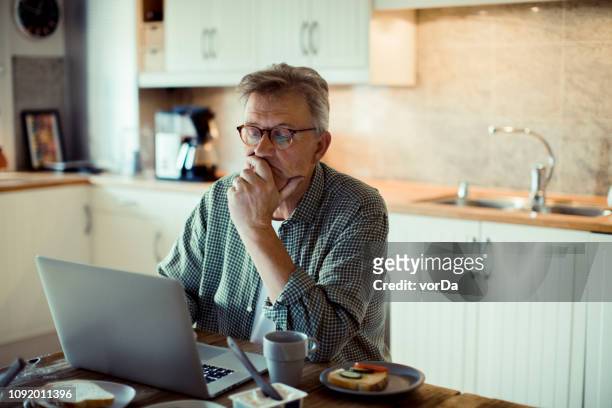 mature man using a laptop - mature men imagens e fotografias de stock
