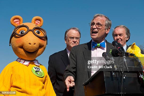 From left, Arthur, the aardvark from PBS Kids, Rep. Sam Farr, D-Calif., Rep. Earl Blumenauer, D-Ore., and Rep. Edward Markey, D-Mass., hold a news...