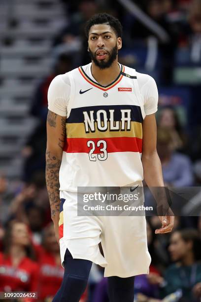 Anthony Davis of the New Orleans Pelicans looks on during the game against the Cleveland Cavaliers at Smoothie King Center on January 09, 2019 in New...