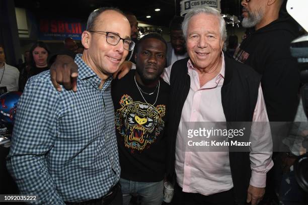President of the New England Patriots Jonathan Kraft, Kevin Hart, and Chief Executive Officer of the New England Patriots Robert Kraft attend...