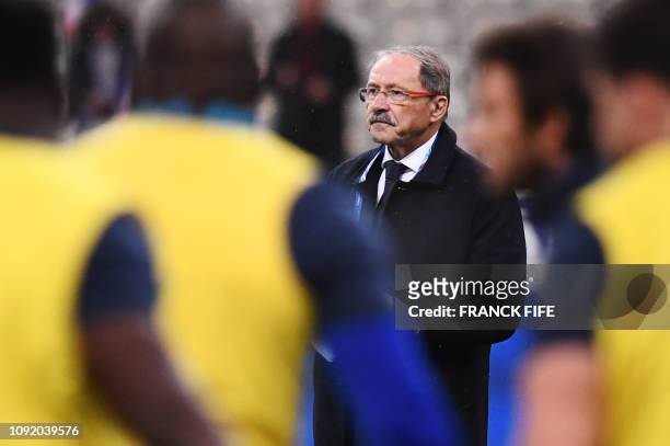 France's head coach Jacques Brunel looks on prior to the Six Nations rugby union tournament match between France and Wales at the stade de France, in...