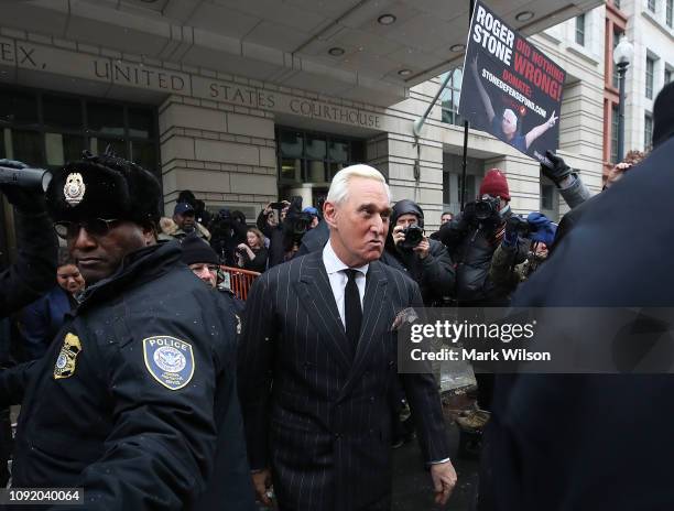 Roger Stone, a former adviser to U.S. President Donald Trump, leaves the Prettyman United States Courthouse after a hearing February 1, 2019 in...