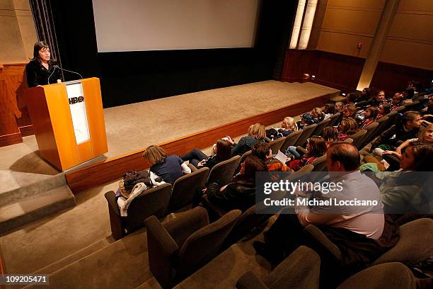 Documentary Films VP Nancy Abraham addresses the audience during the HBO Documentary Screening of "Kick Like A Girl" at HBO Building on November 20,...