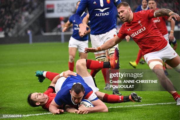 France's number eight Louis Picamoles scores a try during the Six Nations rugby union tournament match between France and Wales at the stade de...