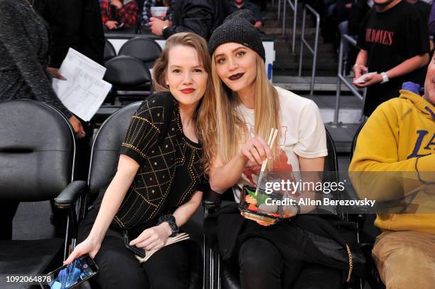 Abbie Cobb and Aqueela Zoll attend a basketball game between the Los Angeles Lakers and the Detroit Pistons at Staples Center on January 09, 2019 in...