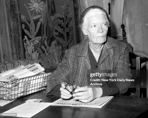 Dorothy Day head of Catholic Worker inside the worker officeat 175 Christie St.