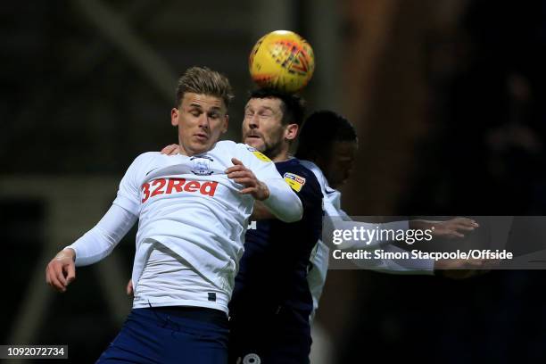 Brad Potts of Preston battles with David Nugent of Derby during the Sky Bet Championship match between Preston North End and Derby County at Deepdale...