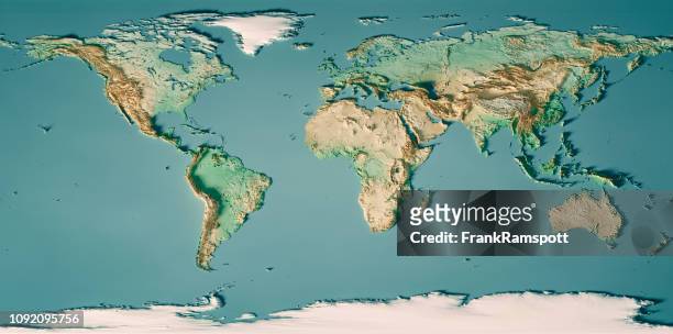 mundo mapa 3d render color de mapa topográfico - océano pacífico fotografías e imágenes de stock