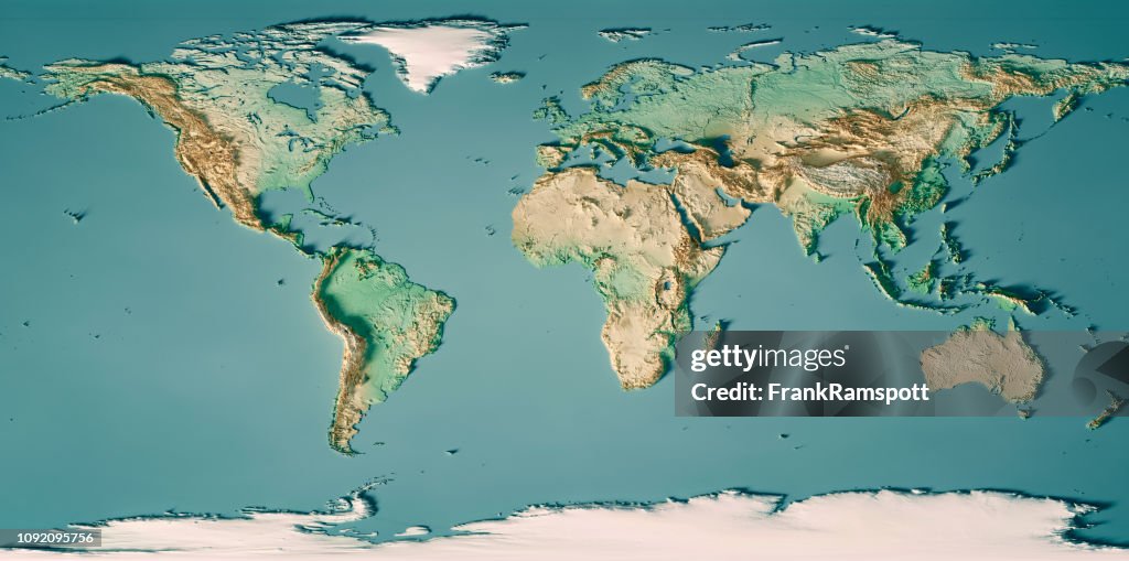 World Map 3D Render Topographic Map Color