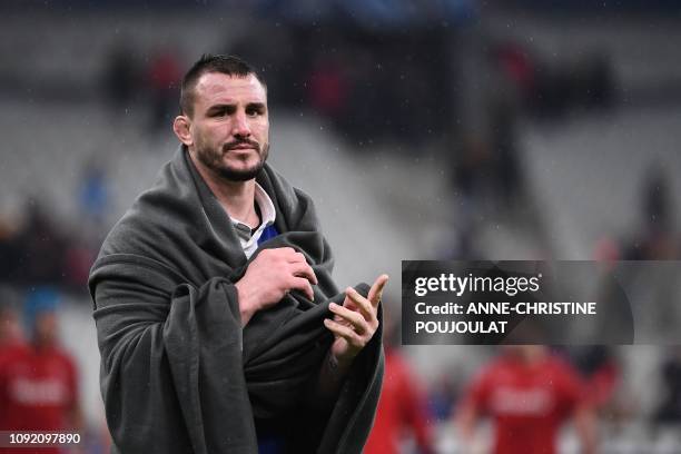 France's number eight Louis Picamoles reacts at the end of the Six Nations rugby union tournament match between France and Wales at the stade de...