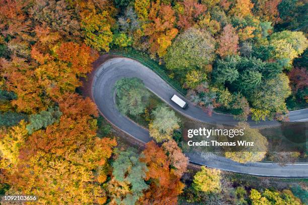 curve and trees from above - haarnadelkurve stock-fotos und bilder