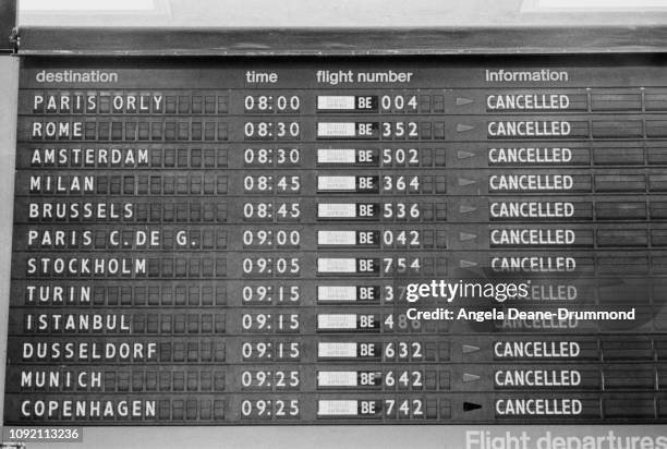 Flights board at Heathrow Airport showing cancelled flights, London, UK, 4th June 1975.