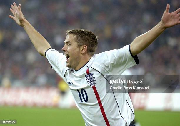 Michael Owen of England celebrates scoring his second goal during the FIFA World Cup 2002 Group Nine Qualifying match against Germany played at the...