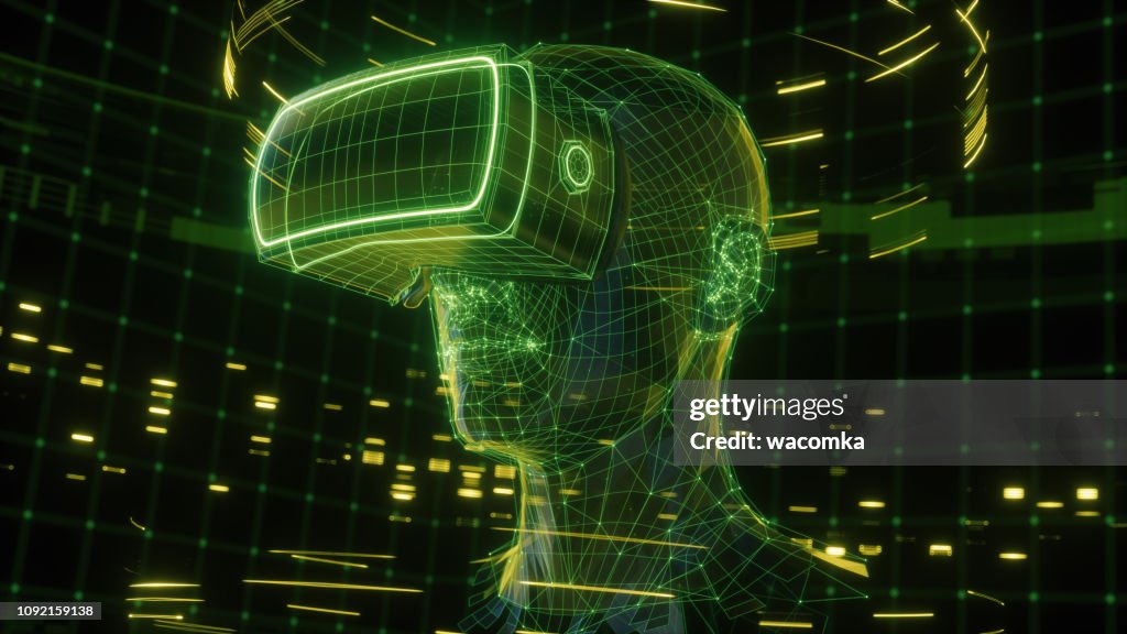 3D render of virtual man wearing virtual reality glasses surrounded by virtual data with neon green lines and dots. Player begins the VR game. VR experience.