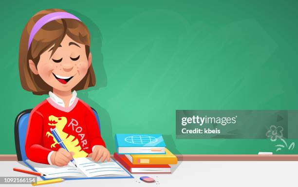 clever girl in classroom - cartoon homework stock illustrations