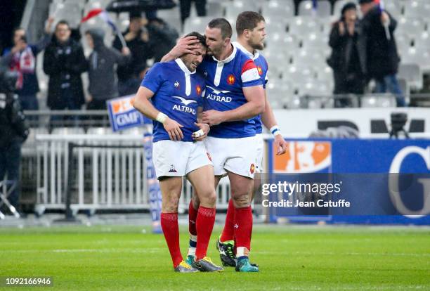 Louis Picamoles of France celebrates his try with Maxime Medard during the Guinness 6 Nations rugby match between France and Wales at Stade de France...