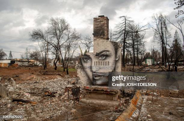 Mural painted by Shane Grammar is seen on a chimney that remains at a property burned by the Camp fire in Paradise, California on February 01, 2019....
