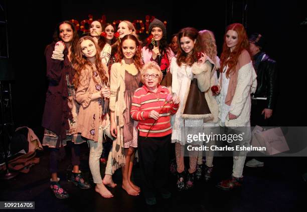 Ruth Westheimer poses with models at Kim Crawford Wines at Odd Molly Fall 2011 during Mercedes-Benz Fashion Week at Lincoln Center on February 16,...