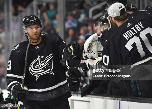 Seth Jones of the Columbus Blue Jackets celebrates after a goal during the 2019 Honda NHL All-Star Game at SAP Center on January 26, 2019 in San...