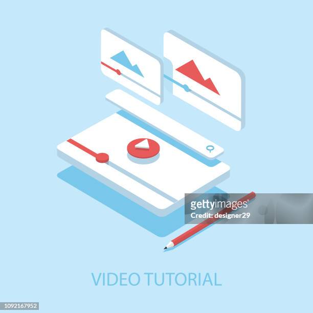 stockillustraties, clipart, cartoons en iconen met video tutorials isometrische illustratie en vlakke ontwerp. - looking at camera