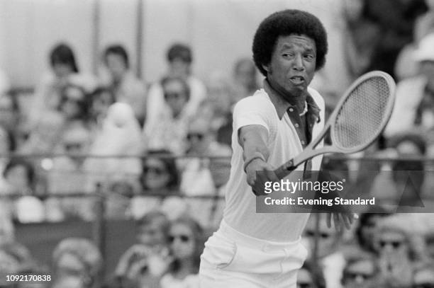 American tennis player Arthur Ashe in action, UK, 17th June 1975.