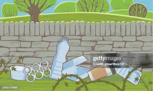 countryside scene with litter - stone wall stock illustrations