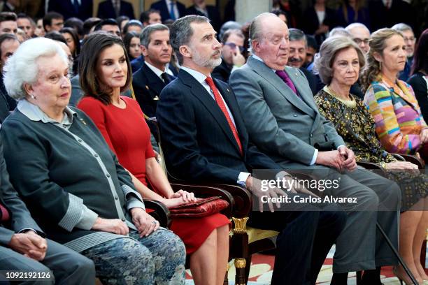 Princess Pilar de Borbon, Queen Letizia of Spain, King Felipe VI of Spain, King Juan Carlos, Queen Sofia and Princess Elena of Spain attend the...