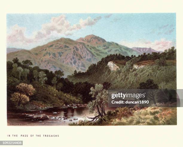 scottish landscape, pass of the trossachs, scotland, 19th century - the trossachs stock illustrations