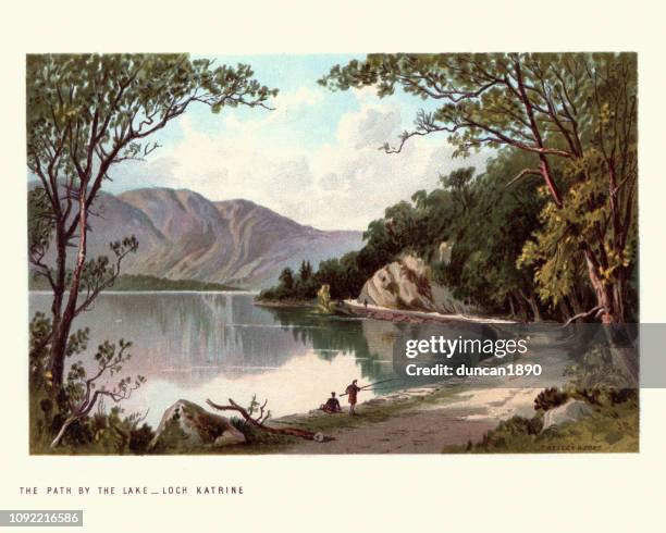 scottish landscape, path by lake, loch katrine, scotland. 19th century - scotland the trossachs stock illustrations