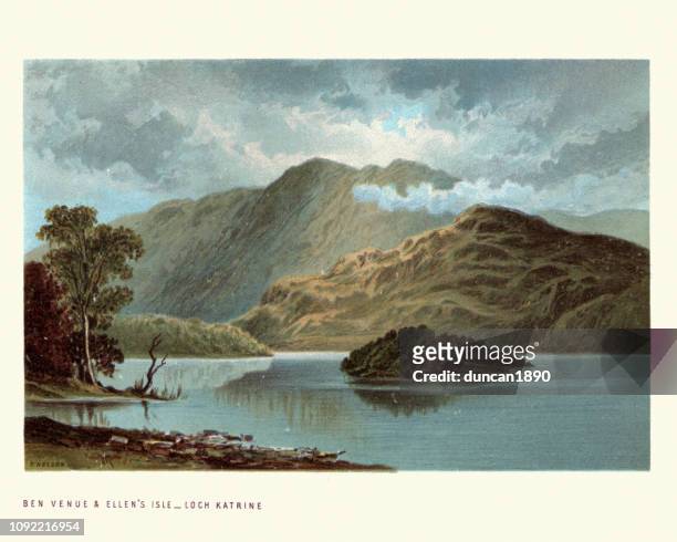 ben venue, ellen's isle, loch katrine, scotland. 19th century - the trossachs stock illustrations