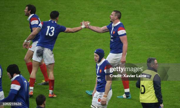 Louis Picamoles of France celebrate his try with teammates during the Guinness Six Nations match between France and Wales at Stade France on February...