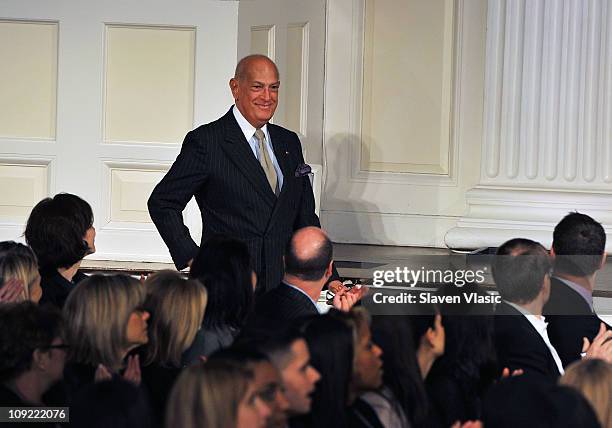 Designer Oscar De La Renta greet the audience after the runway finale at the Oscar de la Renta Fall 2011 fashion show during Mercedes-Benz Fashion...