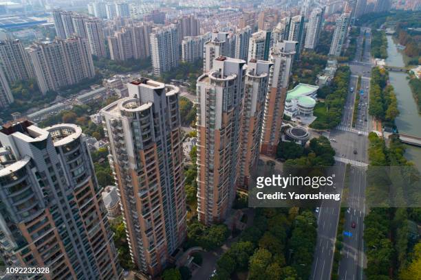 aerial view of shanghai city apartment buildings - central avenue stock pictures, royalty-free photos & images