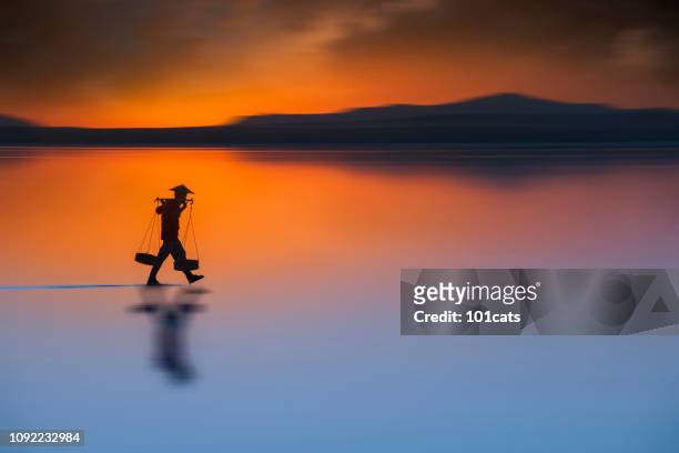 silhouette of farmer walking and carrying salt and backing to home at nightfall. travel landscapes and destinations - vietnam imagens e fotografias de stock