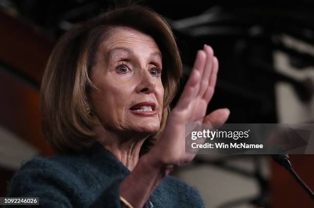 Speaker of the House Nancy Pelosi answers questions during her weekly press conference January 10, 2019 in Washington, DC. Pelosi answered a range of...