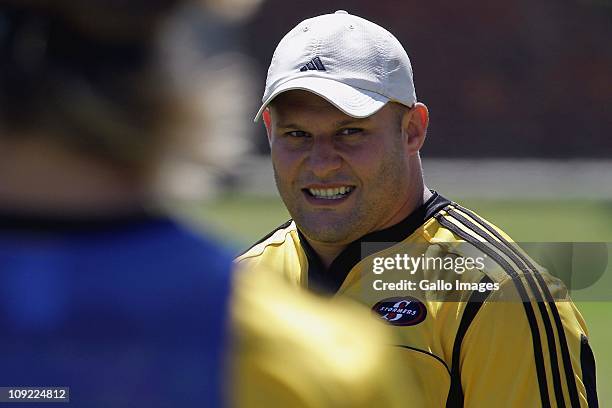 Stormers prop CJ van Der Linde during the Super Rugby DHL Stormers training session at the High Performance Centre, Bellville on February 16, 2011 in...