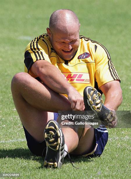 Stormers prop CJ van Der Linde during the Super Rugby DHL Stormers training session at the High Performance Centre, Bellville on February 16, 2011 in...