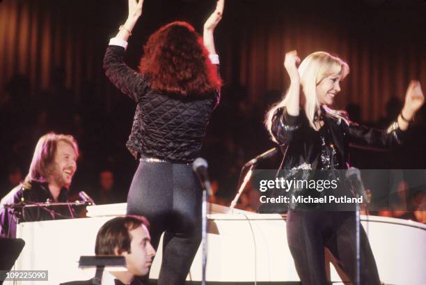 Abba perform at Unicef Gala in New York, 8th January 1979, Bjorn Ulvaeus, Anni-Frid Lyngstad, Agnetha Faltskog.