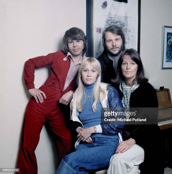 Pose for a group portrait in Stockholm, April 1976. Benny Andersson, Agnetha Faltskog, Bjorn Ulvaeus, Anni-Frid Lyngstad.