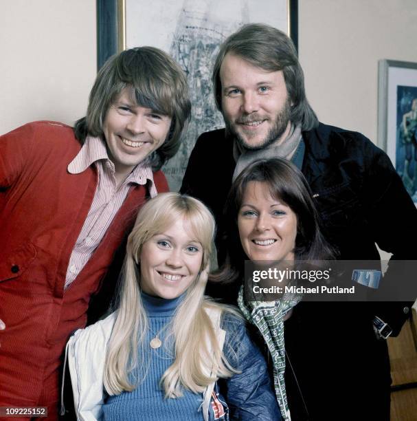 Pose for a group portrait in Stockholm, April 1976. Benny Andersson, Agnetha Faltskog, Anni-Frid Lyngstad, Bjorn Ulvaeus.