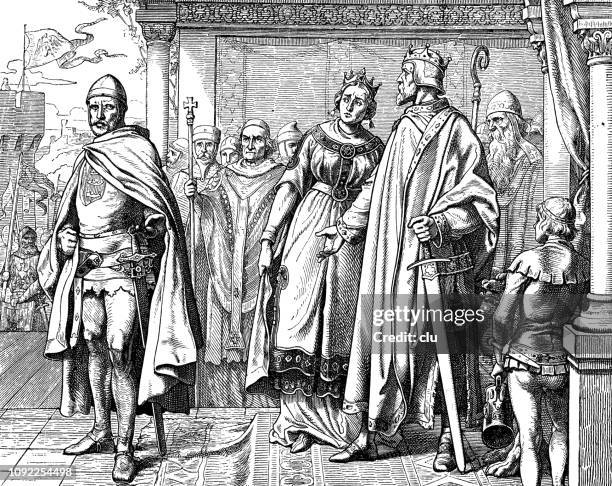 duke ernst of swabia consulting german emperor konrad ii - priests talking stock illustrations