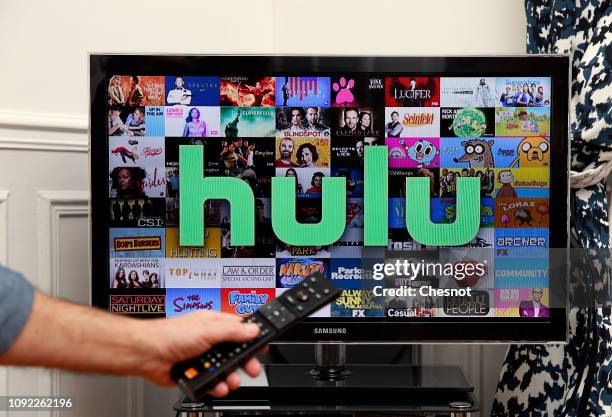 In this photo illustration, the Hulu media service provider's logo is displayed on the screen of a television on January 10, 2019 in Paris, France....