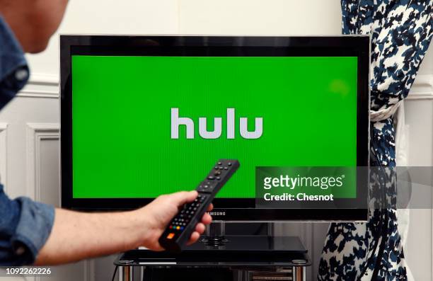 In this photo illustration, the Hulu media service provider's logo is displayed on the screen of a television on January 10, 2019 in Paris, France....