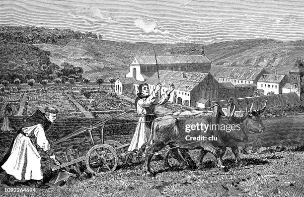 monks as farmers, plowing with cows - monastery stock illustrations
